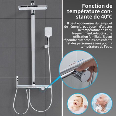 Colonne de Douche Thermostatique Système de douche Chromé avec Plateau de Rangement Blanc Ensemble de Douche avec mitigeur de Baignoire pour Salle de Bain 4 Fonctions