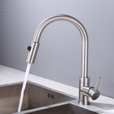 Robinet de Cuisine avec Douchette Extractible Mitigeur Cuisine Bec Rotatif Mitigeur d'Évier en Acier Nickel Brossé