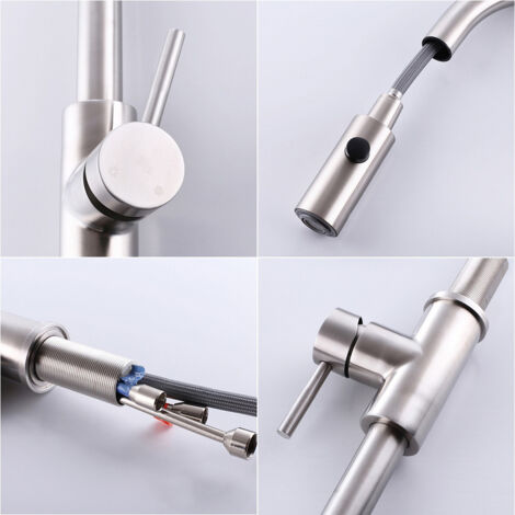 Robinet de Cuisine avec Douchette Extractible Mitigeur Cuisine Bec Rotatif Mitigeur d'Évier en Acier Nickel Brossé