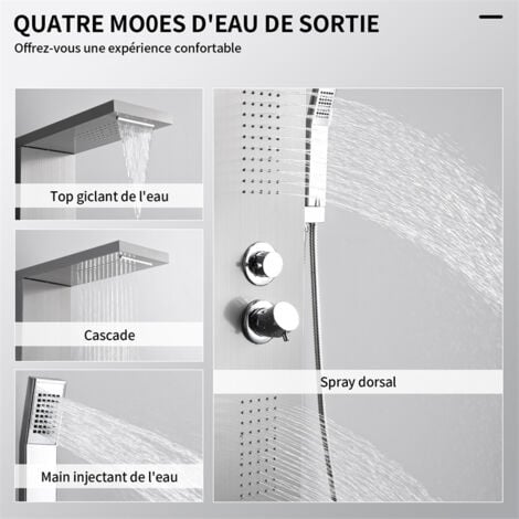 Panneau de Douche Colonne de Douche Hydromassante Quatre Fonctions de Sortie D'eau Panneau en Acier Inoxydable Brossé Mural