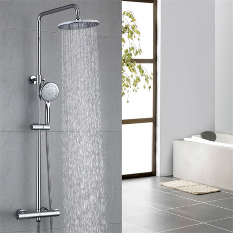 Ohpa – Colonne de douche thermostatique chromée – Tête de douche 8" effet pluie – Douchette 5" avec 3 jets – Flexible 150 cm – Corps en laiton