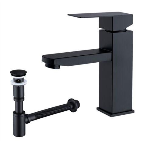 Ubeegol – Robinet de lavabo noir mat avec siphon et bonde universelle – Acier inoxydable 304 – Installation facile – Économie d'eau jusqu'à 30% (1/5)
