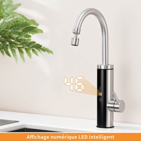 Robinet de Cuisine Brossé Électrique – Puissance & Température Réglables, Mitigeur LED Chauffe-eau Instantané, Connexion Rapide, Rotatif 360° en Inox – Pour Cuisine, Jardin, Camping (1/5)
