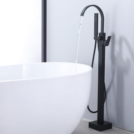 Mitigeur de Baignoire sur Pied Noir en Laiton, Bec Cascade Pivotant 360°, Double Sortie (Bec + Douchette), Mitigeur Monocommande Réglable
