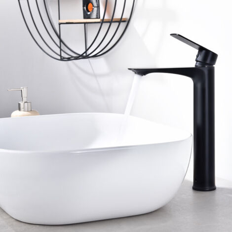 Robinet Salle de Bain Noir Bec Haut – Mitigeur Lavabo Monocommande en Acier Inoxydable, Mélangeur Eau Chaude et Froide Design Moderne (1/5)