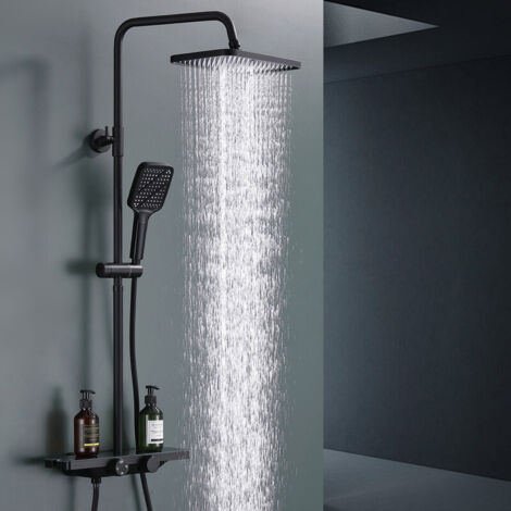 Colonne de Douche Thermostatique Noir salle de bain chromée ensemble douche laiton avec douchette 3 jets jet cascade étagère intégrée hauteur réglable sans perçage
