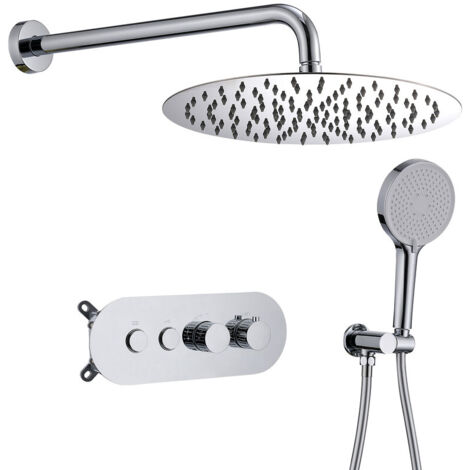 Colonne de Douche Encastrée Thermostatique 40°C Chromée, Pommeau 12" & Douchette 4 Fonctions, Corps en Laiton avec Boîtier d’Encastrement, Double Commande, Système Douche Murale (1/5)