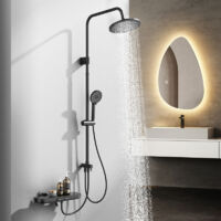 Colonne de Douche Noir en Inox pour Baignoire, Ensemble mitigeur de douche avec étagère intégrée, Hauteur Réglable(839-1164mm) Sans Percement Supplémentaire