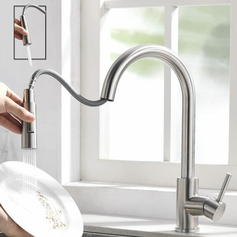 Robinet Cuisine Nickel brossé Pivotant à 360° Mitigeur Cuisine Robinet d'Évier à Arc Élevé pulvérisateur escamotable 2 Modes de Pulvérisation en Laiton (1/5)