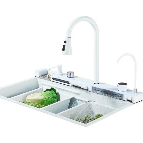 Évier de Cuisine Cascade Multifonction blanc en acier inoxydable ,Evier de cuisine Affichage numérique Grand évier simple Évier à vaisselle avec robinet de cuisine,évier carré blanc