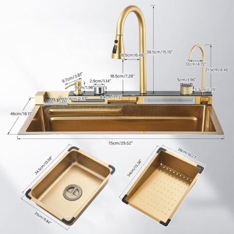 Évier de Cuisine Cascade Multifonction or brossé en acier inoxydable ,Evier de cuisine Affichage numérique Grand évier simple Évier à vaisselle avec robinet de cuisine,évier carré or brossé