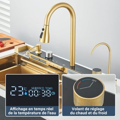 Évier de Cuisine Cascade Multifonction or brossé en acier inoxydable ,Evier de cuisine Affichage numérique Grand évier simple Évier à vaisselle avec robinet de cuisine,évier carré or brossé