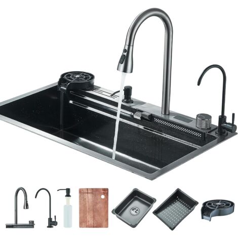 Évier de Cuisine Évier à cascade numérique évier en acier inoxydable avec distributeur de savon robinet extractible Jeu complet d'accessoires de Ensemble dÉvier Domestique (75x45cm, Noir-Gris)ZAMERY (1/5)