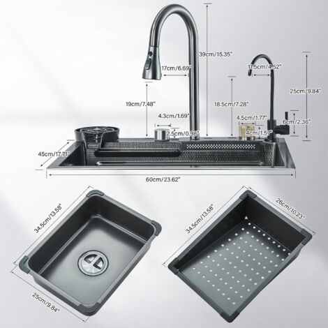 Évier de Cuisine Cascade Multifonctionnel,Éviers de Cuisine en Acier Inoxydable,Evier de Cuisine Nano Raindance gris 1 Bac avec Robinet de Cuisine Extractible Rinceuse en Verre(60x45cm)