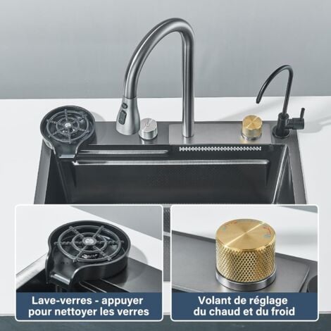 Évier de Cuisine Cascade Multifonctionnel,Éviers de Cuisine en Acier Inoxydable,Evier de Cuisine Nano Raindance gris 1 Bac avec Robinet de Cuisine Extractible Rinceuse en Verre(60x45cm)
