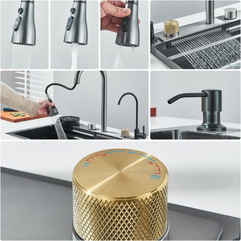 Évier de Cuisine Cascade Multifonctionnel,Éviers de Cuisine en Acier Inoxydable,Evier de Cuisine Nano Raindance gris 1 Bac avec Robinet de Cuisine Extractible Rinceuse en Verre(60x45cm)