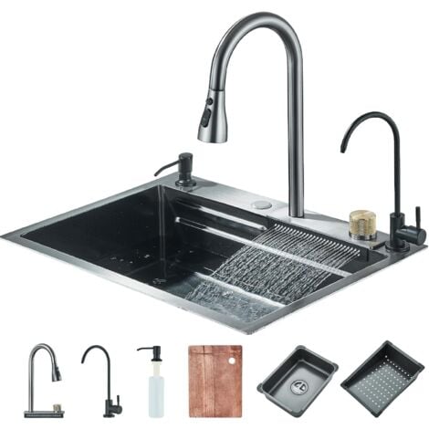 Évier de cuisine cascade en acier inoxydable évier de cuisine gris foncé avec robinet de cuisine extractible et autres accessoires (60x45cm)