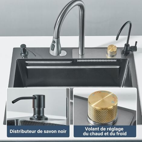 Évier de cuisine cascade en acier inoxydable évier de cuisine gris foncé avec robinet de cuisine extractible et autres accessoires (60x45cm)