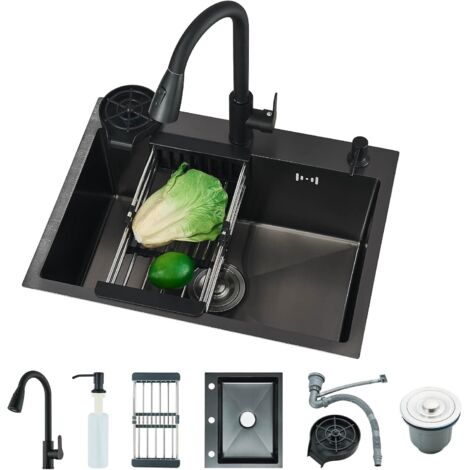 Évier de Cuisine Noir en Acier Inoxydable Évier 1 bac avec Robinet Extensible Distributeur de Savon Lave-gobelet Panier égoutteur et Kit de Plomberie Complet(55 45CM) (1/5)