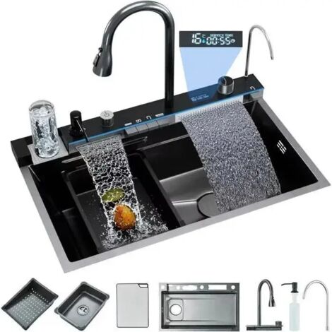 Évier de Cuisine à comptoir Cascade Multifonction en acier inoxydable Gris Évier de cuisine profond à une cuve avec cascade Robinet à tirer et planche à découper& Accessoires d'évier complets(75x45x22
