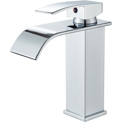 Robinet de salle de bain chromé,Mitigeur Lavabo Cascade Robinet de lavabo monocommande avec bec hauteur 13 cm, mitigeur pour eau froide et chaude dans la salle de bain (1/5)