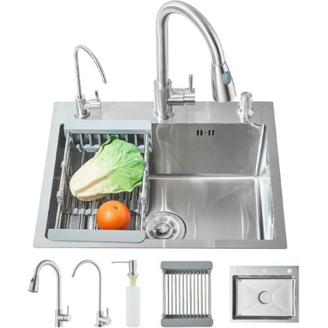 Évier de Cuisine en Acier Inoxydable Évier 1 bac Évier Simple avec Robinet Extensible Grand Cuve 1 Bac Distributeur de Savon Panier égoutteur (55 45CM) Evier de Cuisine Kit (1/5)
