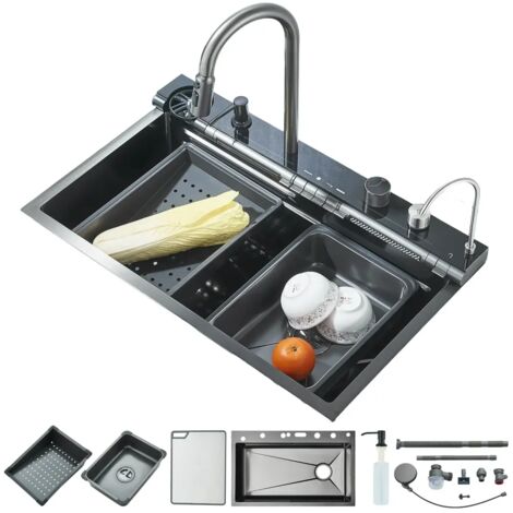 Évier de Cuisine Cascade, Evier multifonction de Cuisine en Acier Inoxydable, Noir Gris Evier de cuisine noir Affichage numérique Grand évier simple Avec Rinceuse Tasses Robinet Extractible,75x46CM