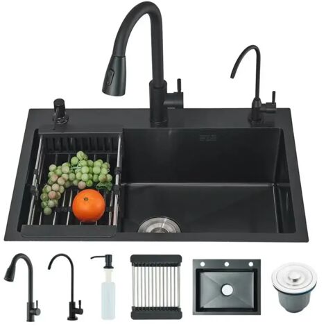 Évier de Cuisine Noir en Acier Inoxydable Évier Simple avec Robinet Extensible Grand Cuve 1 Bac Distributeur de Savon Panier égoutteur (55 45CM)Evier de Cuisine Kit