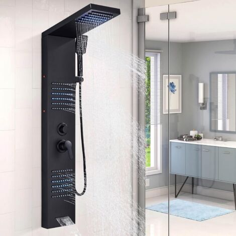 Colonne de Douche Noir LED en Acier inoxydable Multifonction Colonne de Douche Hydromassante avec Mitigeur et Buses Massants (1/5)