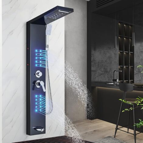 Colonne de Douche Noir Hydromassante Led, 4 Fonctions: Douche de pluie à Led, 2 Jets de Massage, Douchette et Bec Bain déverseur Noir