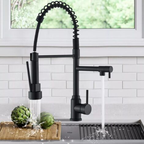 Mitigeur de Cuisine noir Avec Douchette Flexible et Robinet Cuisine Pivotante 360°Rétractable Avec Pulvérisateur Double Fonction avec 2 sorties (jet et pulvérisation), haute pression en Acier Inoxydab