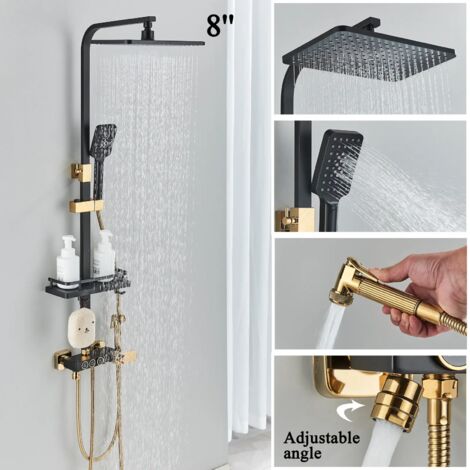 Colonne de douche noir et dorè ,Système de Douche Montage Mural Ensemble de Douche avec 20cm 20cm Tête de Douche, étagère,3 modes Douchette à Mains, Robinet de Baignoire,Bidet Pulvérisateur