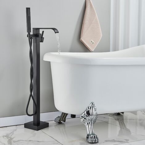 Zamery – Robinet baignoire îlot noir – Mitigeur sur pied avec douchette 150cm – Bec orientable 360° en laiton massif – Finition chrome