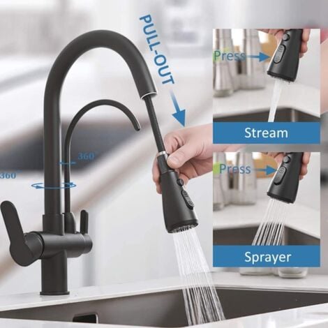 Robinet de Cuisine Douchette avec 3 Modes – Robinet Mitigeur Cuisine avec de l’eau pure- Rotatif à 360° – Froid & Chaud Disponible-noir