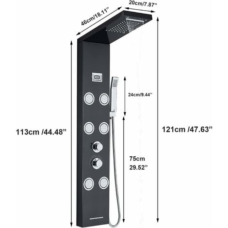 Zamery Colonne de Douche Panneau de Douche Hydromassage Noir avec Affichage  LCD et Douchette et 6 Grandes Buses Massants Système de Douche  Multifonction en Acier Inoxydable pour Salle de Bain…… : 