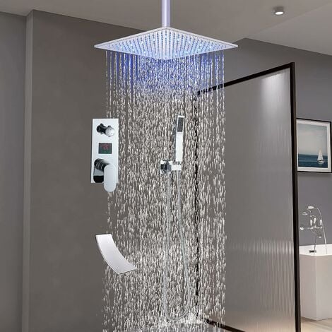 Système de douche de luxe LED carré cascade pluie grand plafond LED pommeau  de douche combiné changement de couleur robinet thermique salle de bain douche  pluie douche : : Outils et Bricolage