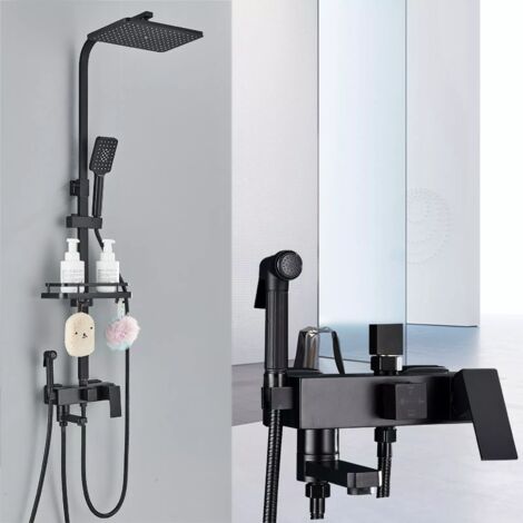 Zamery – Colonne de douche encastrée noire avec mitigeur 4 modes – Douche de pluie et douchette à main 3 modes – Robinet baignoire et pulvérisateur bidet – Étagère intégrée