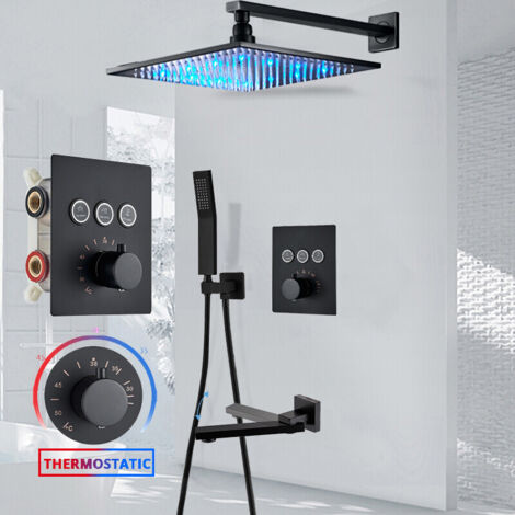 LED Colonne de Douche Encastré thermostatique Noir avec Tête de Douche Carrée 16"- Douchette - Mitigeur de Baignoire à Cascade Set de Douche pour Salle de Bains ‎Montage Mural