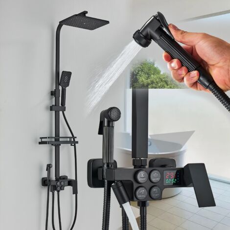 Zamery – Colonne de douche thermostatique noire – Système de douche pluie avec affichage LCD – 6 fonctions – Acier inoxydable – Montage mural