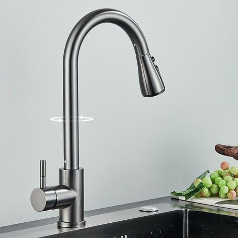 Auralum - robinet Mitigeur cuisine noir, rotatif 360°avec douchette extensible, robinet cuisine à Ressort 2 Jets , robinetterie d'évier en acier