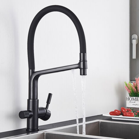 Robinet Cuisine douchette avec Rotatif à 360° Filtrer l'eau et 3 Modes de Pulvérisation Mitigeur Cuisine,Mitigeur d'évier Monocommande Froide et Chaud Disponible,Laiton noir (1/5)