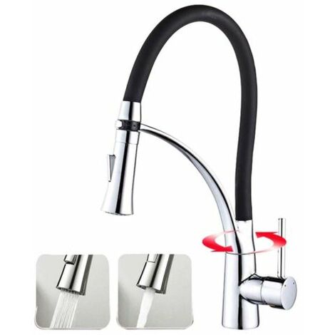 Robinet de Cuisine Noir,Mitigeur Cuisine D'évier Pivotants à 360 °avec Flexible Noir Tuyau en Silicone,Robinet Monocommande en Acier Inoxydable - 2 types de jet - Mitigeur moderne (1/5)