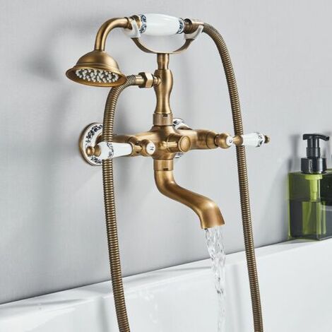 Zamery – Robinet de baignoire mitigeur mural en laiton chromé – Douche à main avec flexible 60 pouces – Poignée en céramique bleue et blanche