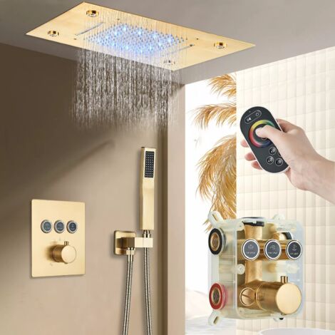 LED Système de Douche Encastré Thermostatique dore avec Tête de Douche Carrée 49CM35CM" 2 modes - Douchette- Set de Douche pour Salle de Bains ‎Montage Mural