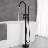 Zamery – Mitigeur de baignoire autoportant noir – Laiton massif avec finition galvanoplastie – Douchette rotative 360° – Tuyau inox 1,5m