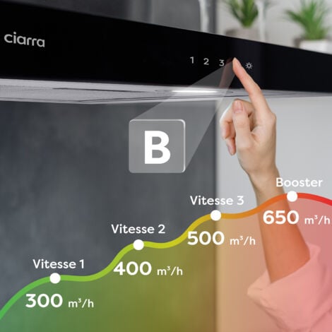 Hotte Murale 60cm Tactile Wi-Fi Connecté 650m3/h A+++ Booster 4 Vitesses Inox Ciarra CBCS6102