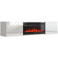 Mueble de TV Roxy 183 cm colgante tablero MDF blanco brillante con chimenea eléctrica negra