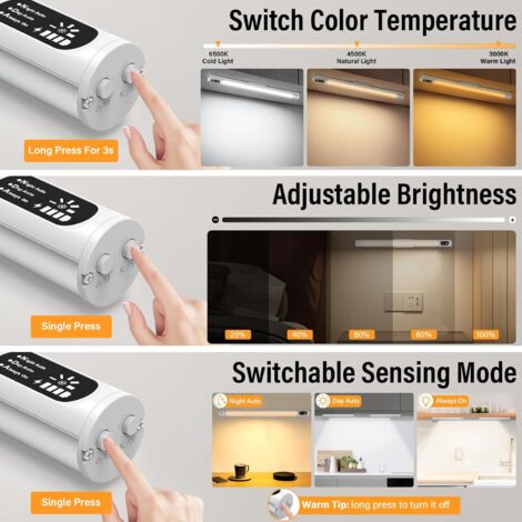 Reglette LED Cuisine Sans Fil avec Detecteur Mouvement, 2500mAh Lampe de Bureau Rechargeable USB, Lumiere Magnétique avec Télécommande, Eclairage Murale pour Placard, Tableau, Miroir, Armoire