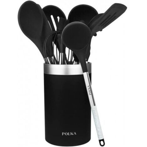 Cecotec Ustensiles de Cuisine de Silicone Polka Exclusive Wood&ampRock. Set de 9 pièces Noir, revêtement Soft toucher et poignée de Acier. Matériaux : Silicone, Nylon et PP, Inclut le support Polka. (1/5)