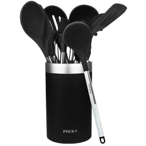 Cecotec Ustensiles de Cuisine de Silicone Polka Excellence Force. Set de 9 pièces Noir, revêtement Soft touch et manche effet bois. Matériaux : silicone, nylon et PP, y compris le support Polka. (1/5)